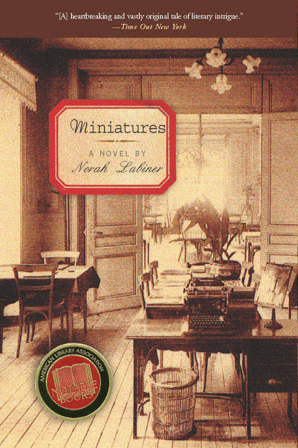 Cover of "Miniatures," by Norah Labiner, which shows a pixelated image of a room containing a desk with a typewriter on top, and a few tables and chairs. There are also double doors that open into another larger room. 