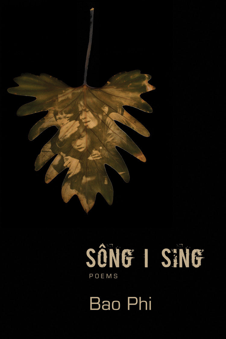 Cover of &quot;Sông I Sing,&quot; by Bao Phi, which features a falling leaf that contains the image of three people desperately clinging to one another. 