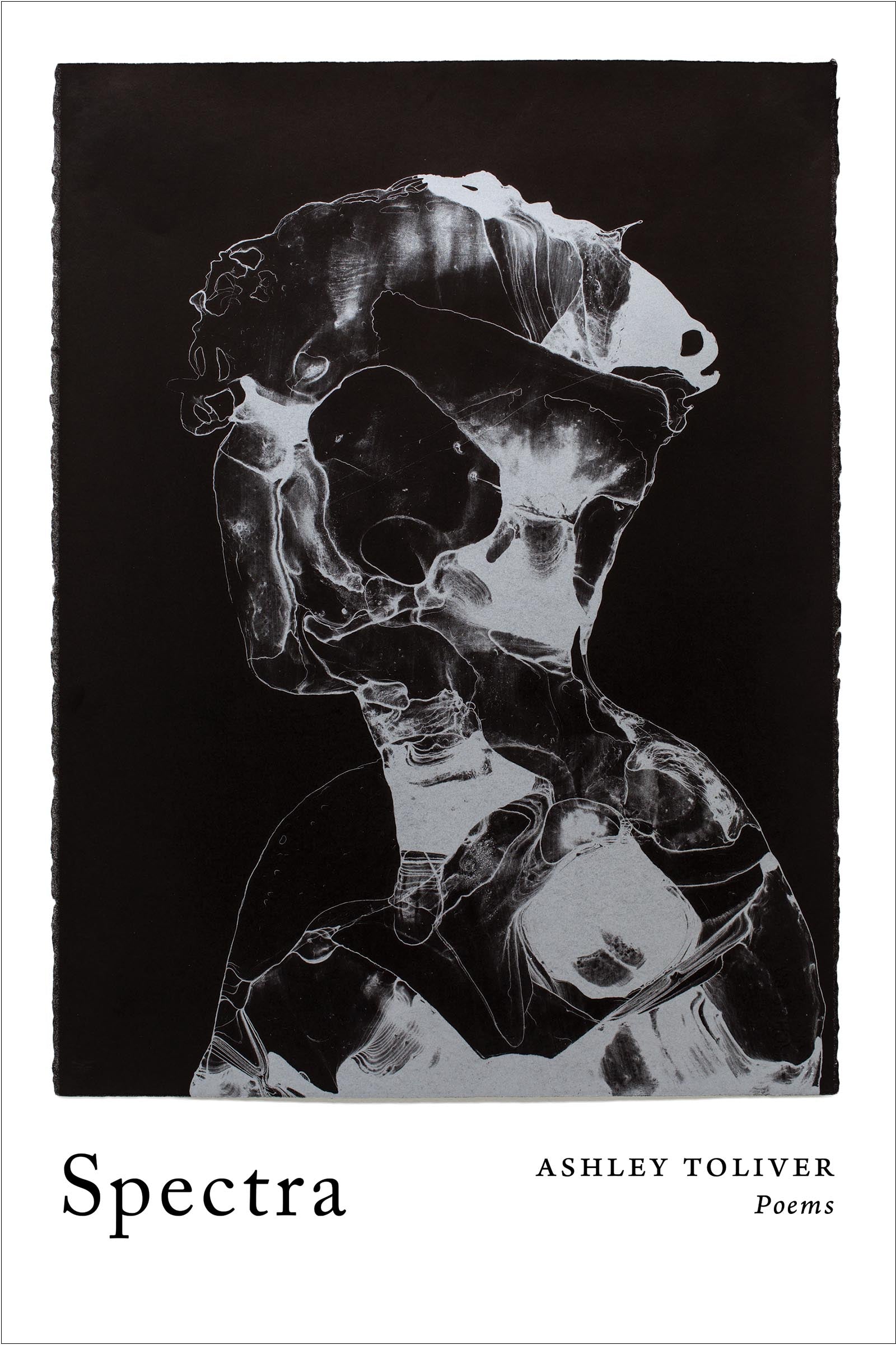 Book cover in the form of a polaroid with an outline of a person's head and shoulders filled in with abstract black and white imagery on a black background.