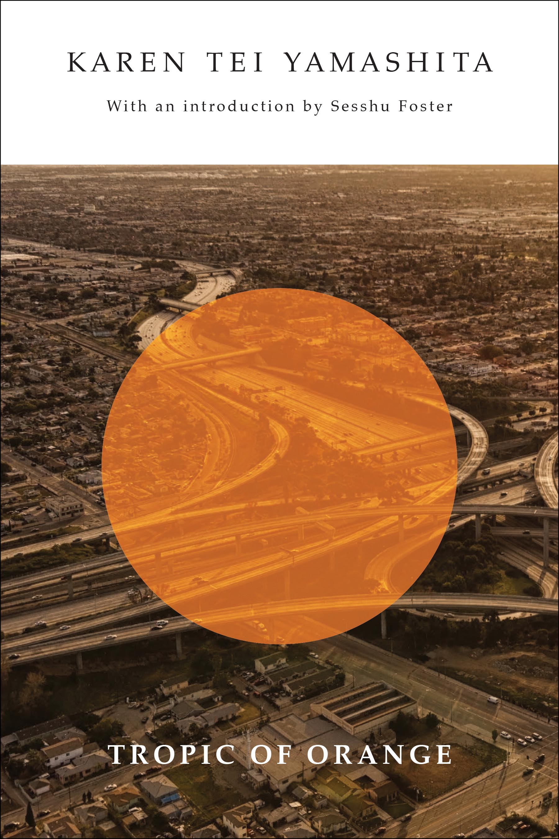 Book cover featuring sienna image of a cityscape with an orange transparent circle in the center of the image